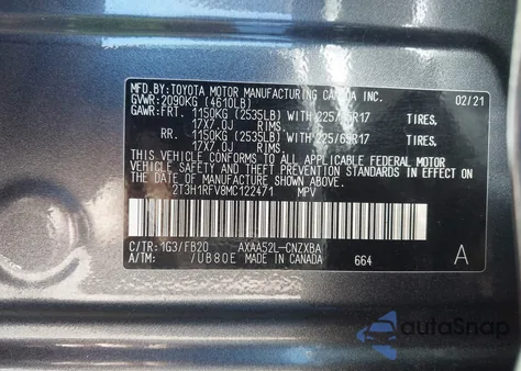 2021 Toyota Rav4 Le из США, поврежденный, VIN 2T3H1RFV8MC122471